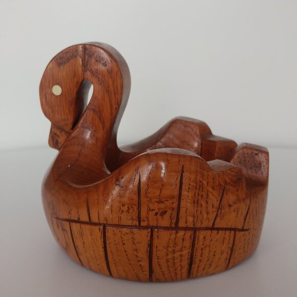MCM Hand Carved Solid Wood Swan Trinket Bowl Natural Grain Succulent Planter Pot - Picture 2 of 9